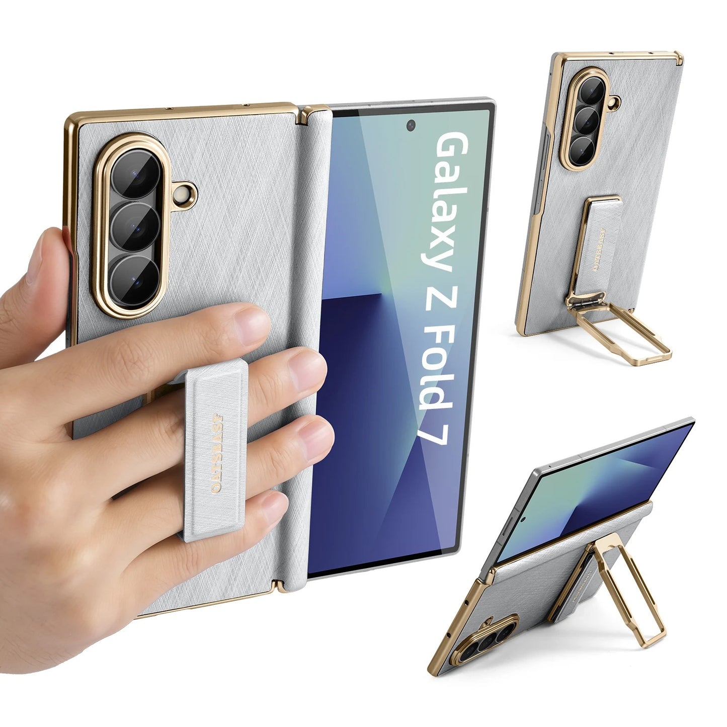 Luxury Leather Kickstand Case – Slim Protective Cover with Grip Strap & Gold Edge Frame