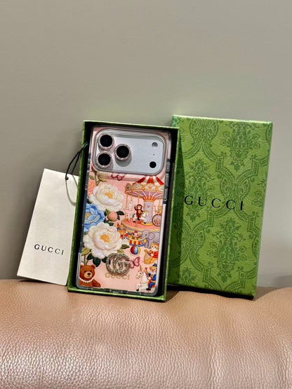 Pink Floral Carousel iPhone Case with Crystal Charm & Rhinestone Lens
