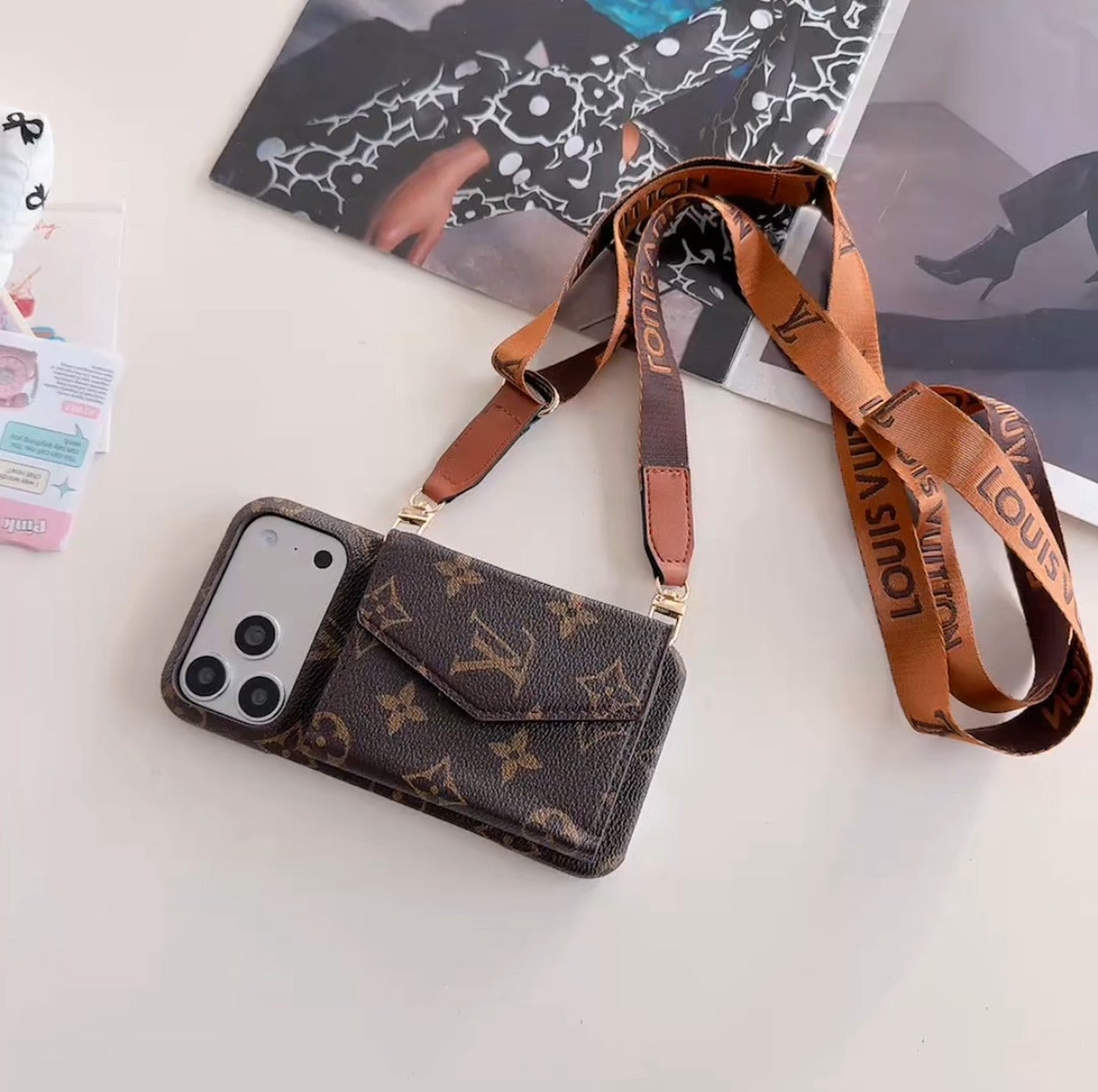 Luxury Monogram Crossbody iPhone Case | Detachable Strap · Multi-Card Wallet