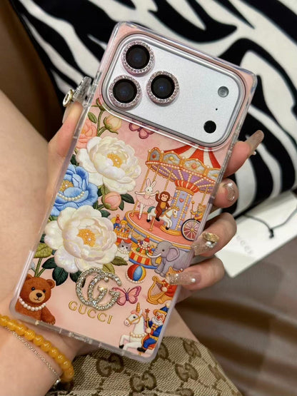 Pink Floral Carousel iPhone Case with Crystal Charm & Rhinestone Lens