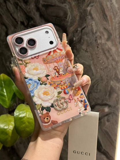 Pink Floral Carousel iPhone Case with Crystal Charm & Rhinestone Lens