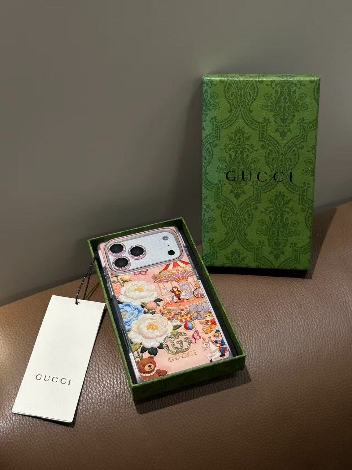 Pink Floral Carousel iPhone Case with Crystal Charm & Rhinestone Lens