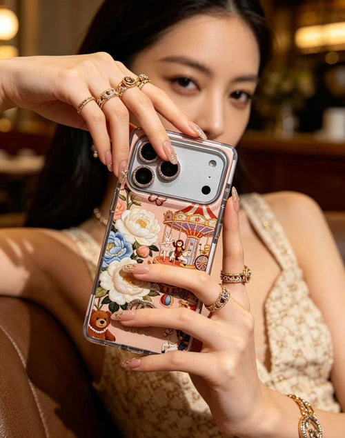Pink Floral Carousel iPhone Case with Crystal Charm & Rhinestone Lens