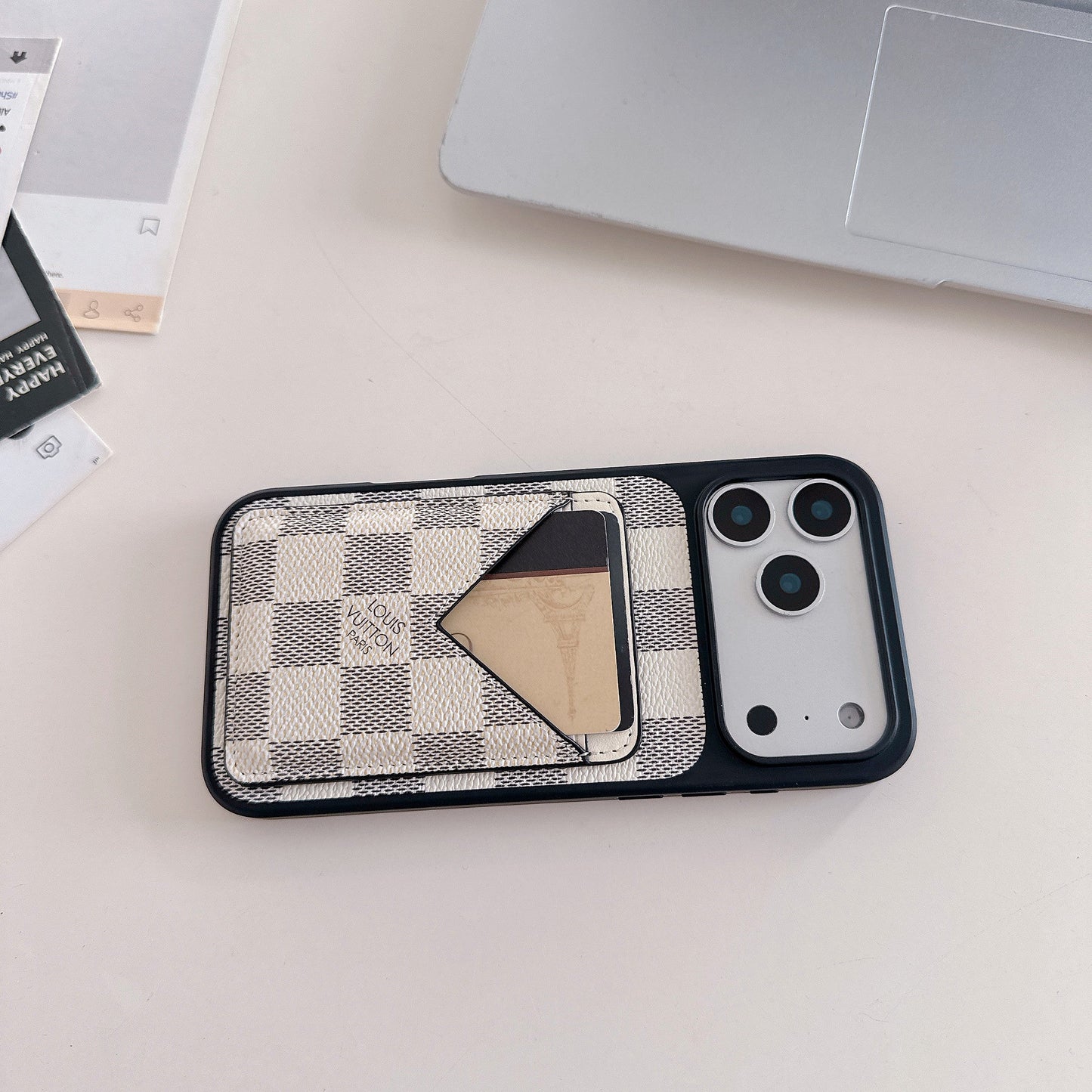 White Checkered Leather iPhone Case with V-Pocket Card Slot