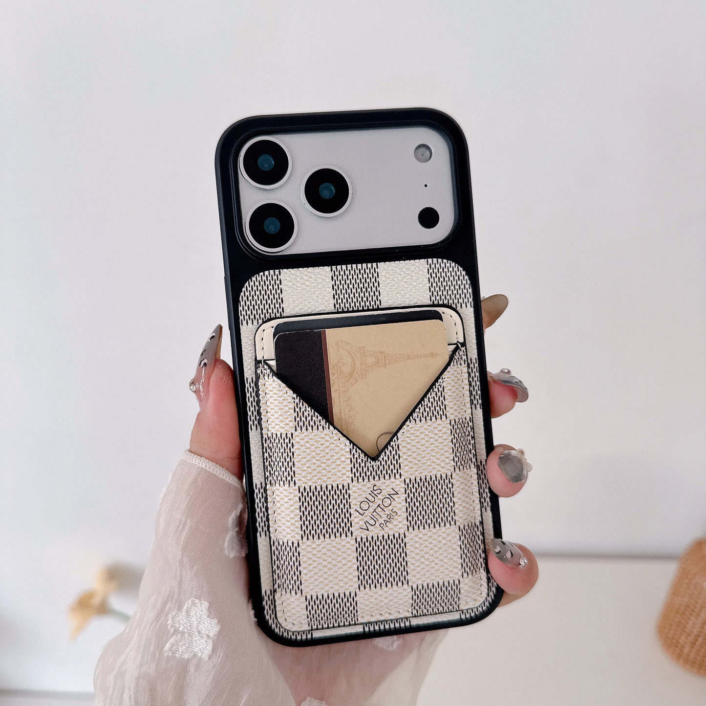 White Checkered Leather iPhone Case with V-Pocket Card Slot