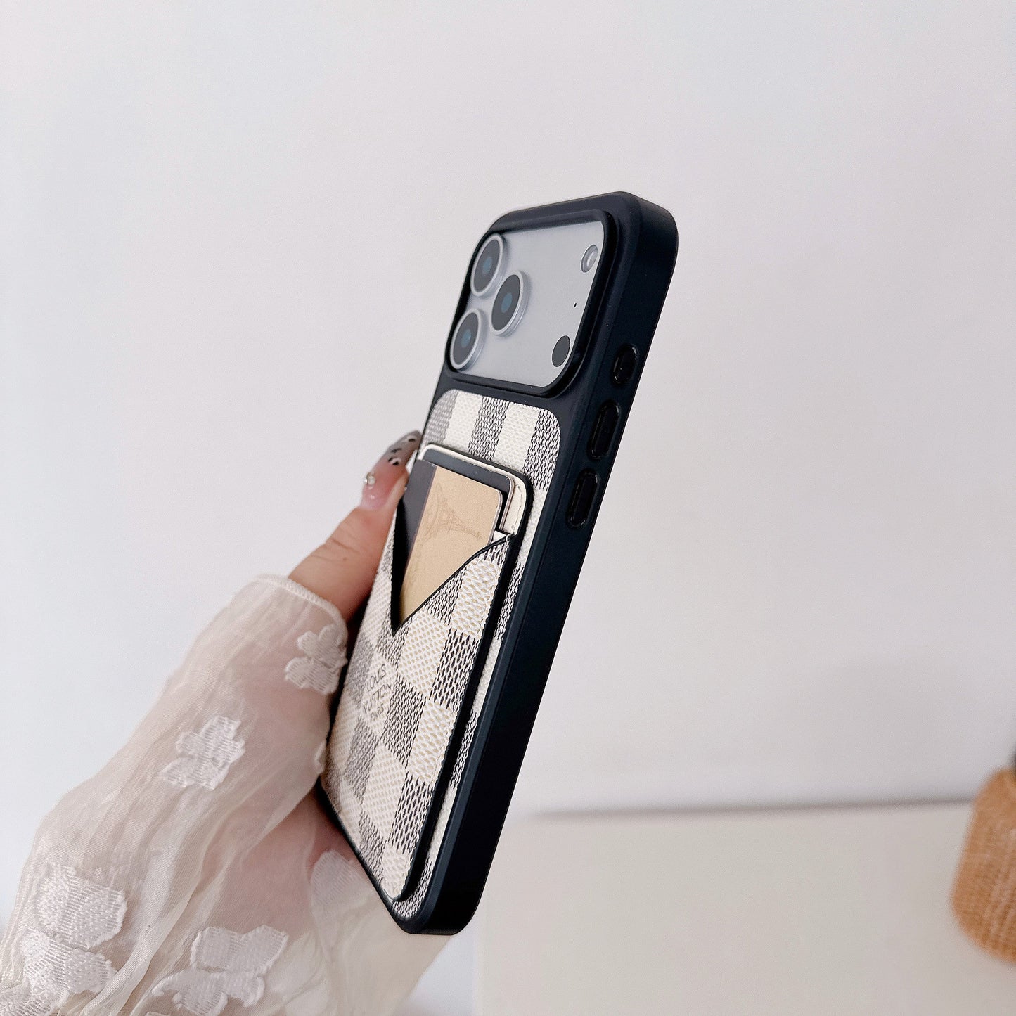White Checkered Leather iPhone Case with V-Pocket Card Slot
