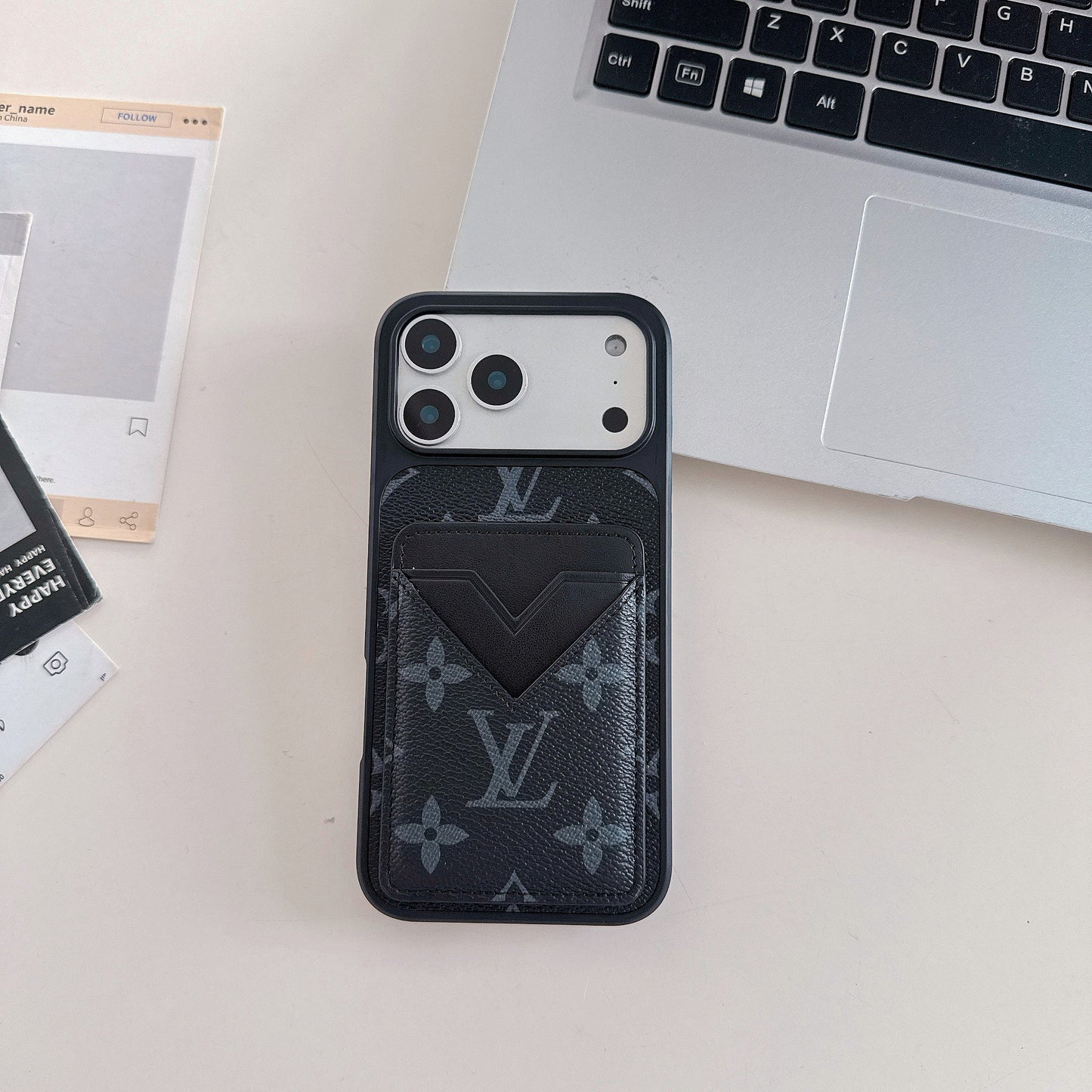 Black Monogram Leather iPhone Case with V-Pocket Card Slot