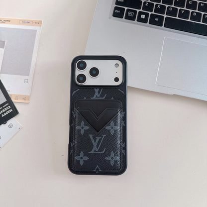 Black Monogram Leather iPhone Case with V-Pocket Card Slot