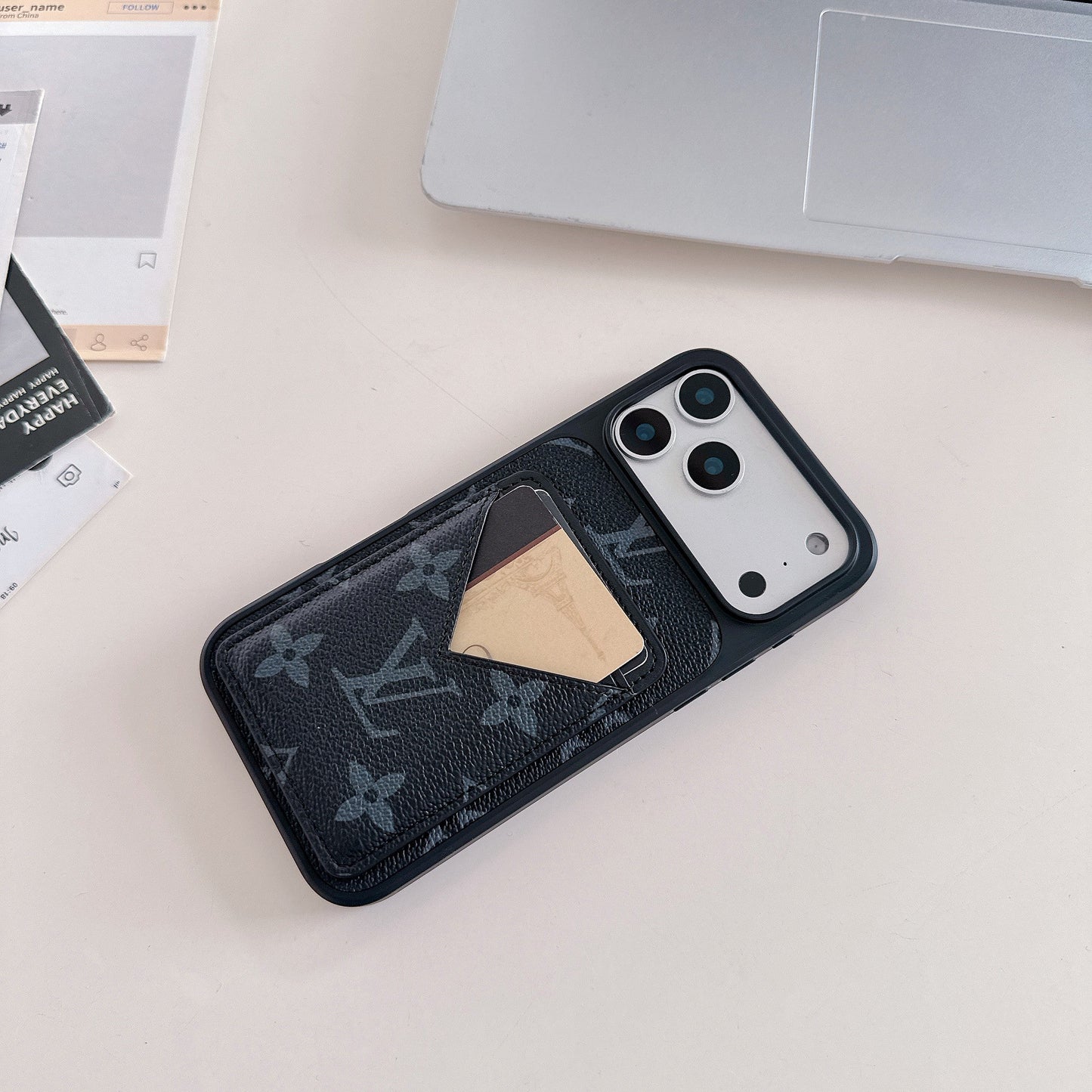 Black Monogram Leather iPhone Case with V-Pocket Card Slot