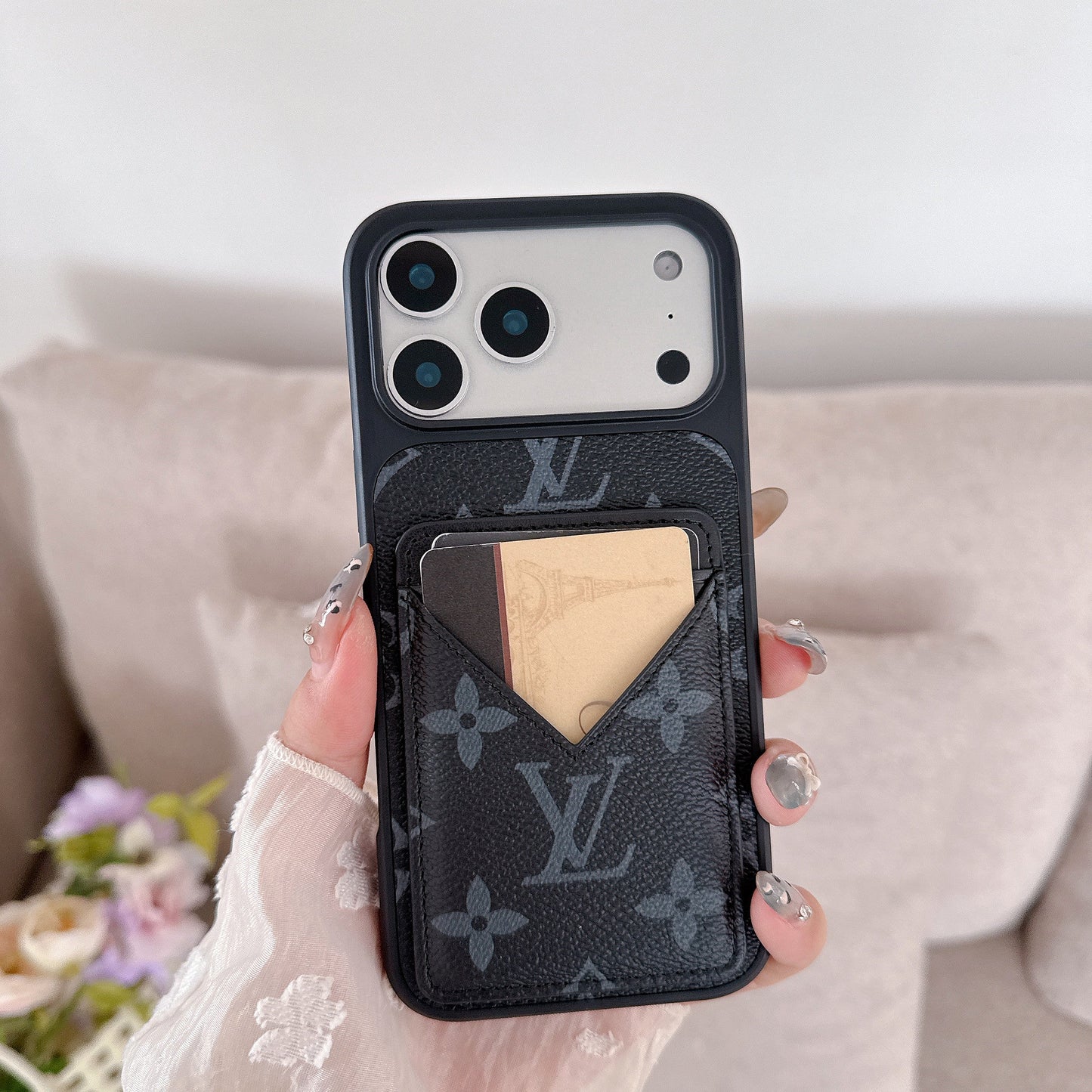 Black Monogram Leather iPhone Case with V-Pocket Card Slot