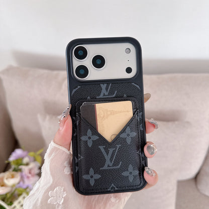 Black Monogram Leather iPhone Case with V-Pocket Card Slot