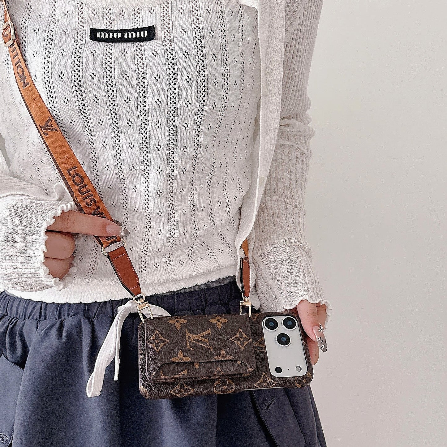 Brown Leather Monogram iPhone Crossbody iPhone Case