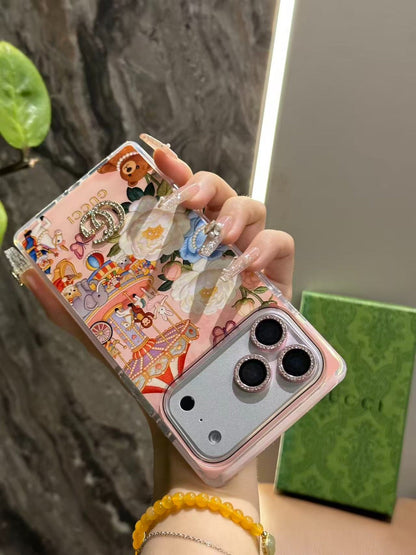 Pink Floral Carousel iPhone Case with Crystal Charm & Rhinestone Lens