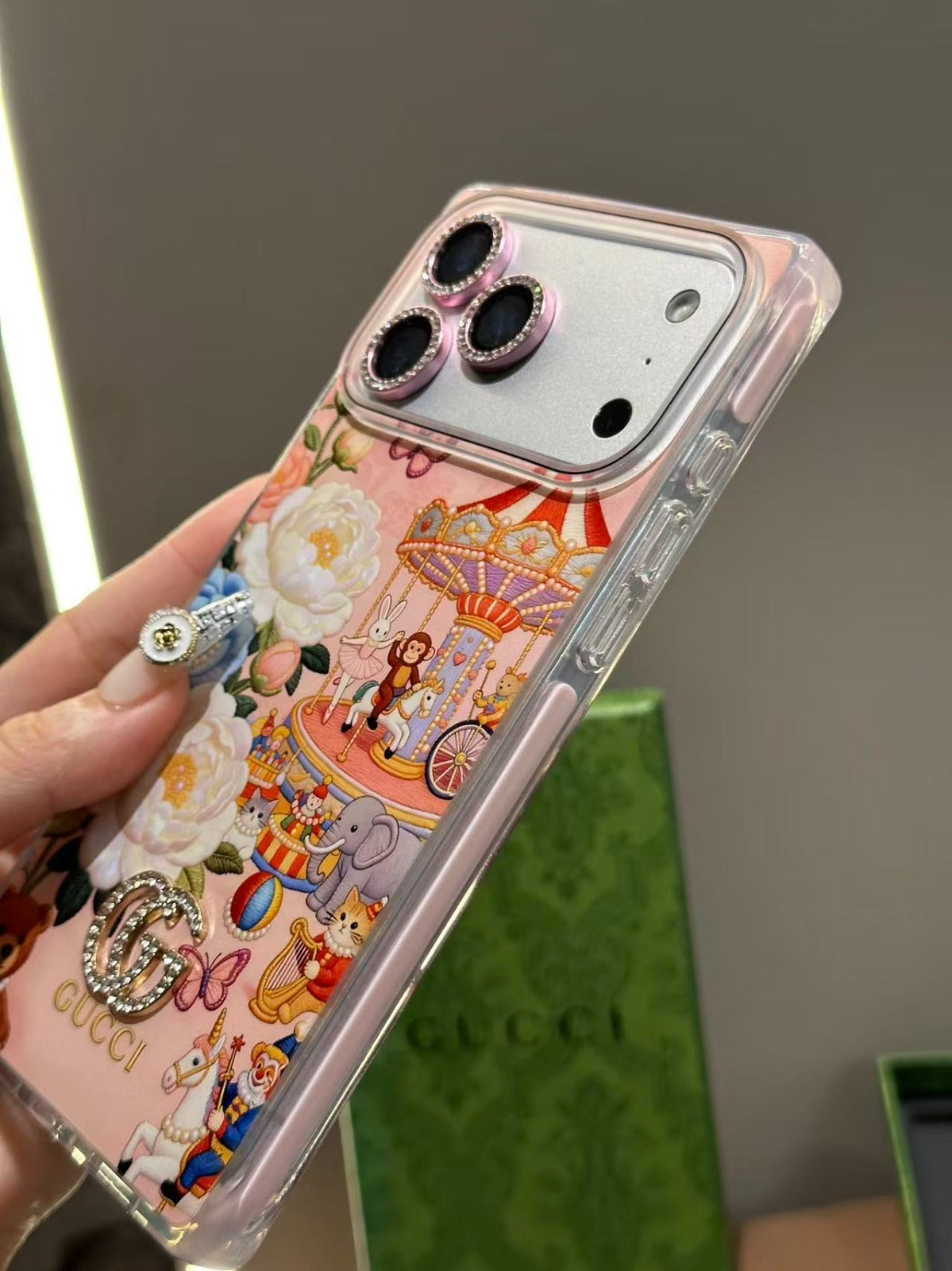 Pink Floral Carousel iPhone Case with Crystal Charm & Rhinestone Lens