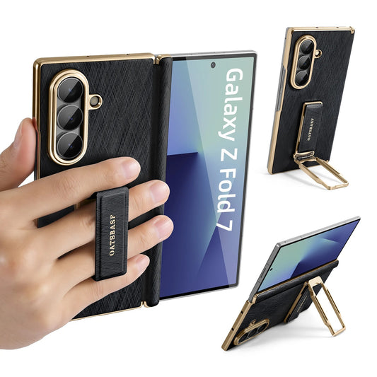 Luxury Leather Kickstand Case – Slim Protective Cover with Grip Strap & Gold Edge Frame