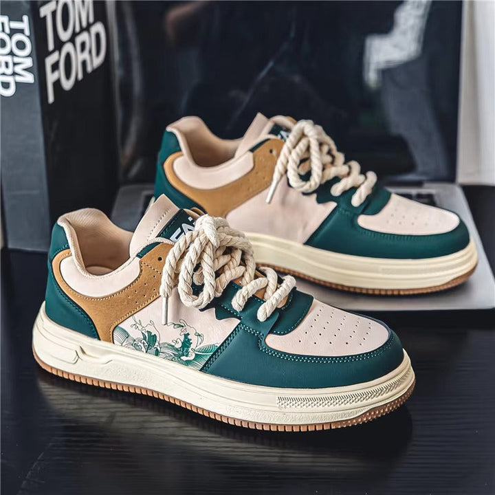 KAZURO™ Wave-Line Retro Court Sneakers | Vintage Leather Low-Top Streetwear Shoes