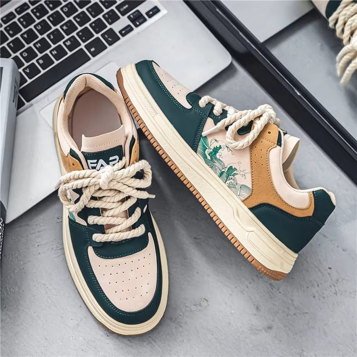 KAZURO™ Wave-Line Retro Court Sneakers | Vintage Leather Low-Top Streetwear Shoes