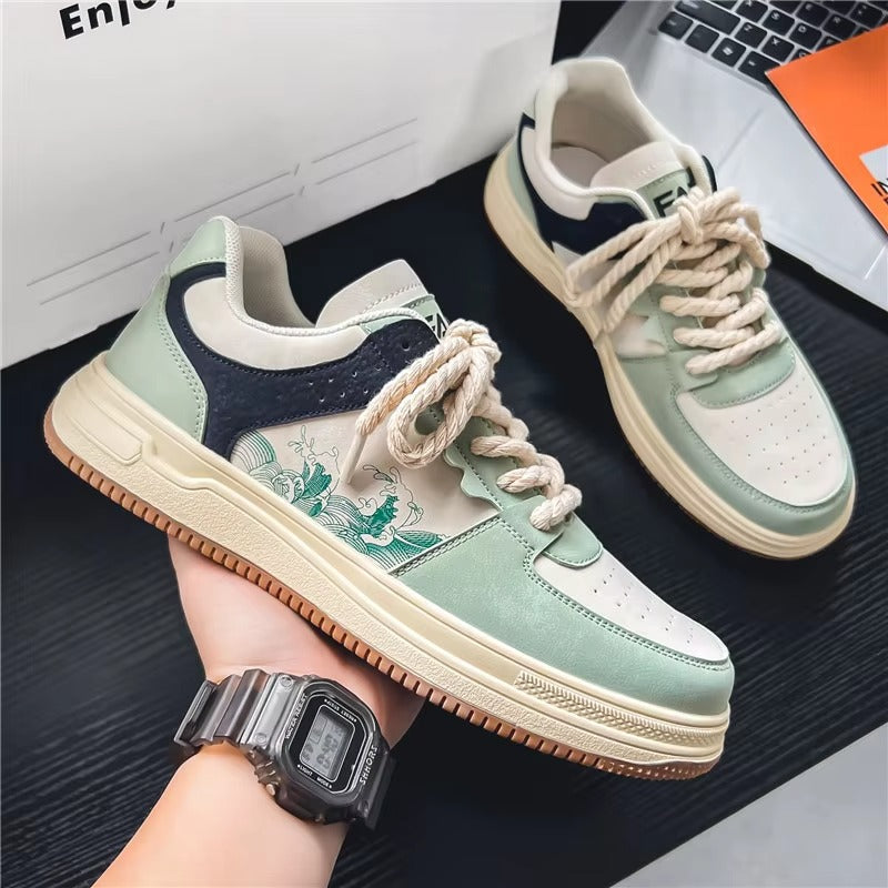 KAZURO™ Wave-Line Retro Court Sneakers | Vintage Leather Low-Top Streetwear Shoes