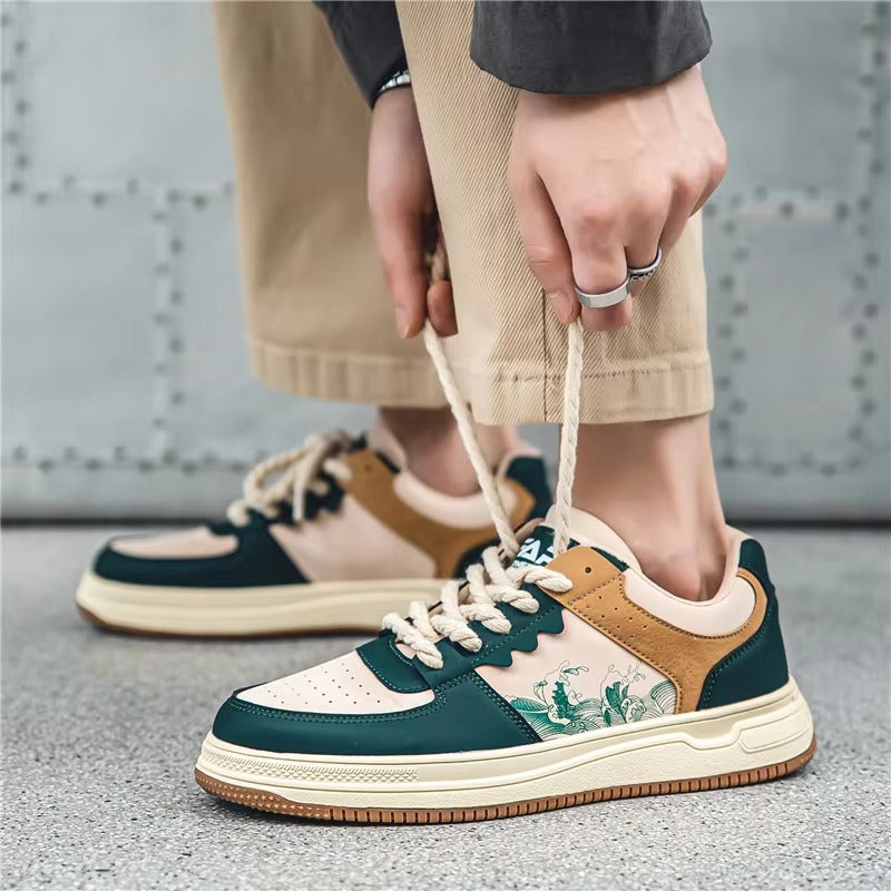 KAZURO™ Wave-Line Retro Court Sneakers | Vintage Leather Low-Top Streetwear Shoes