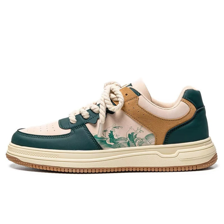 KAZURO™ Wave-Line Retro Court Sneakers | Vintage Leather Low-Top Streetwear Shoes